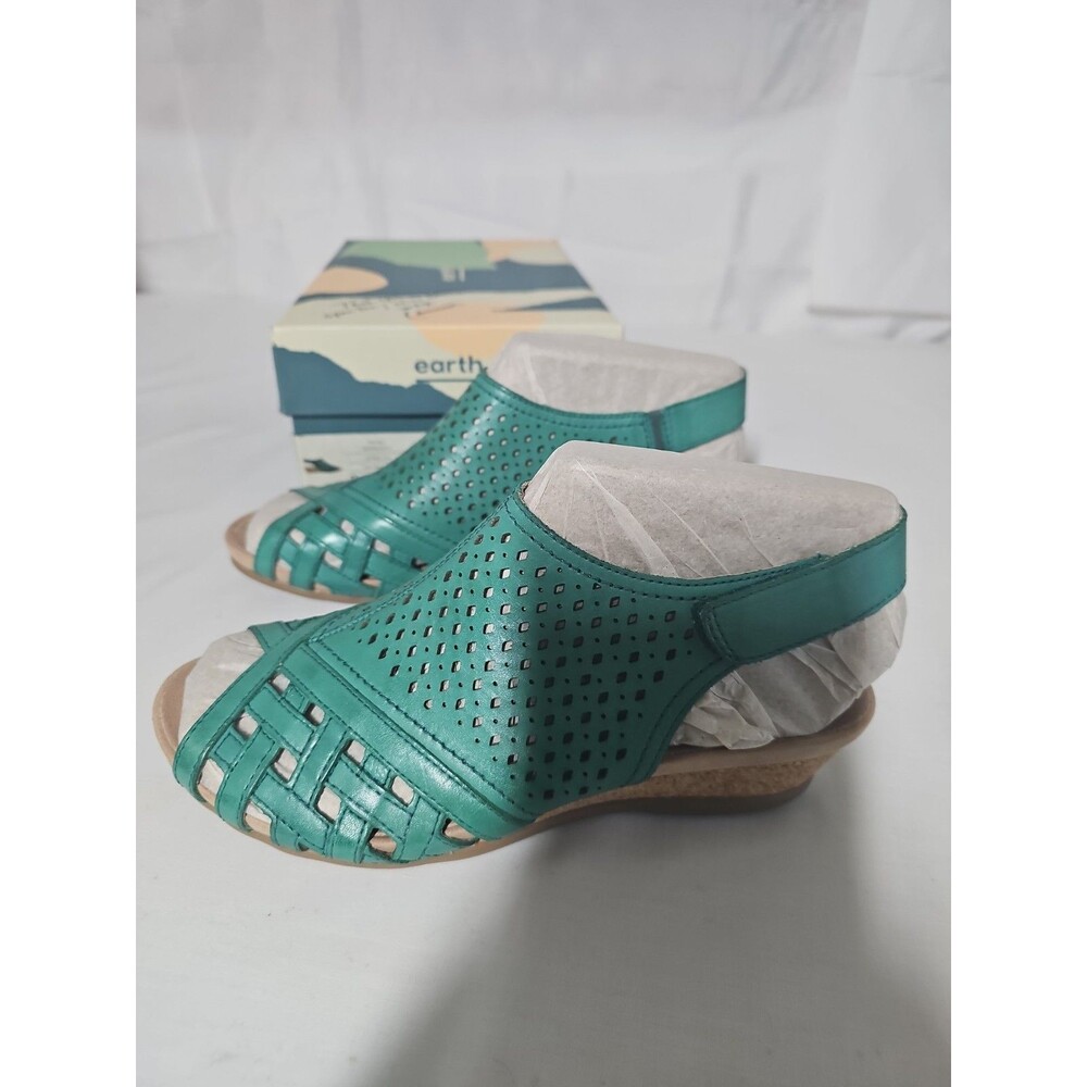 New Earth Pisa Galli Leather Teal Green Wedge Sandals Size 8M - Picture 4 of 5